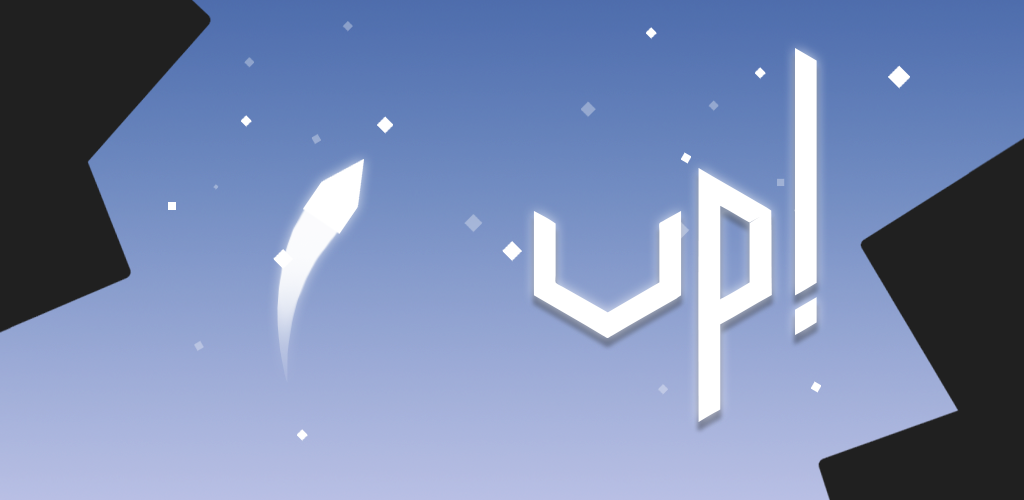 UP! key art: the game logo beside a white ship climbing between dark cliffs